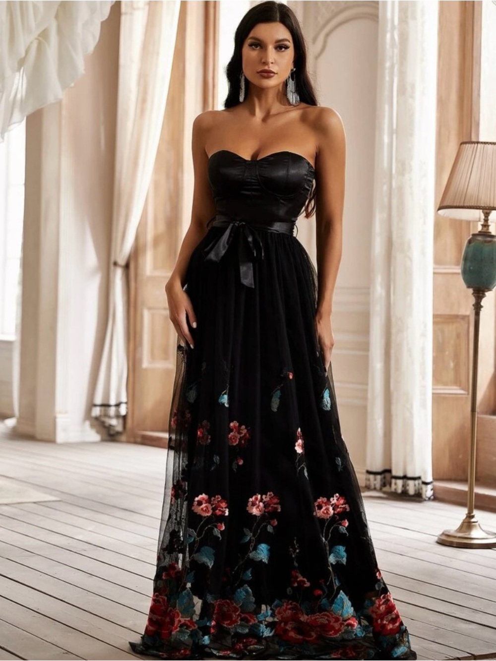 Strapless Black Floral Embroidered Maxi Dress